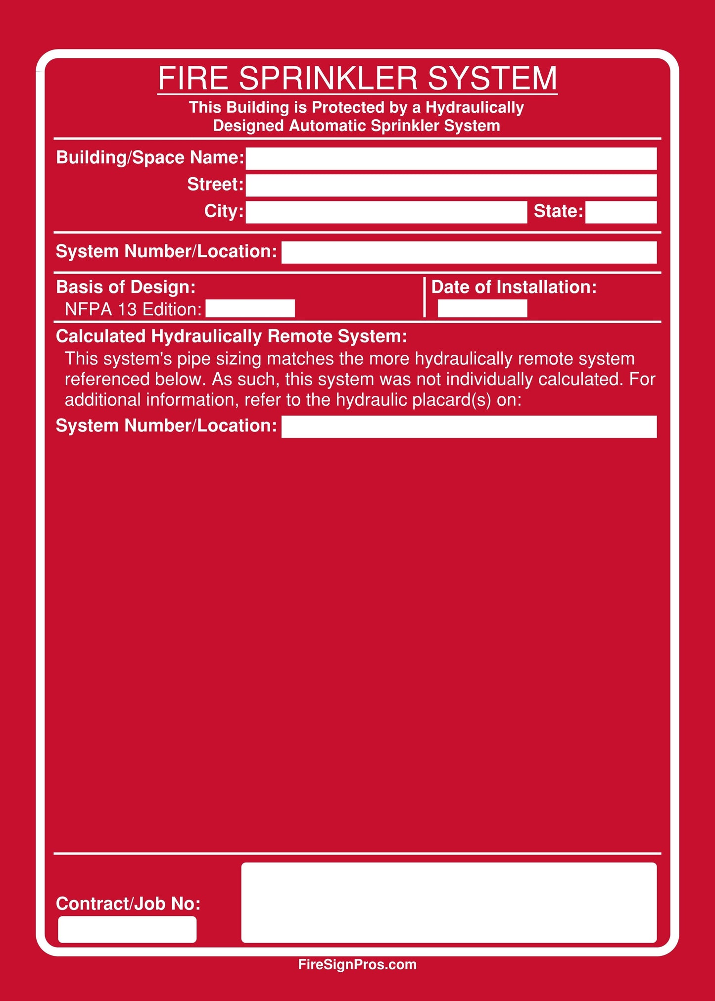 NFPA 13 Calculated System Reference Sign Fire Sign Pros