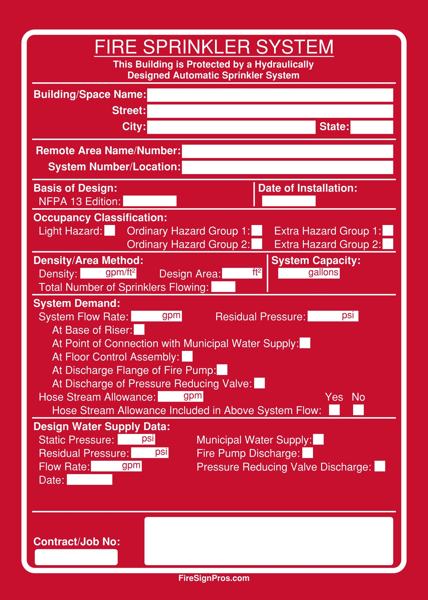 NFPA 13 Density Area Sign