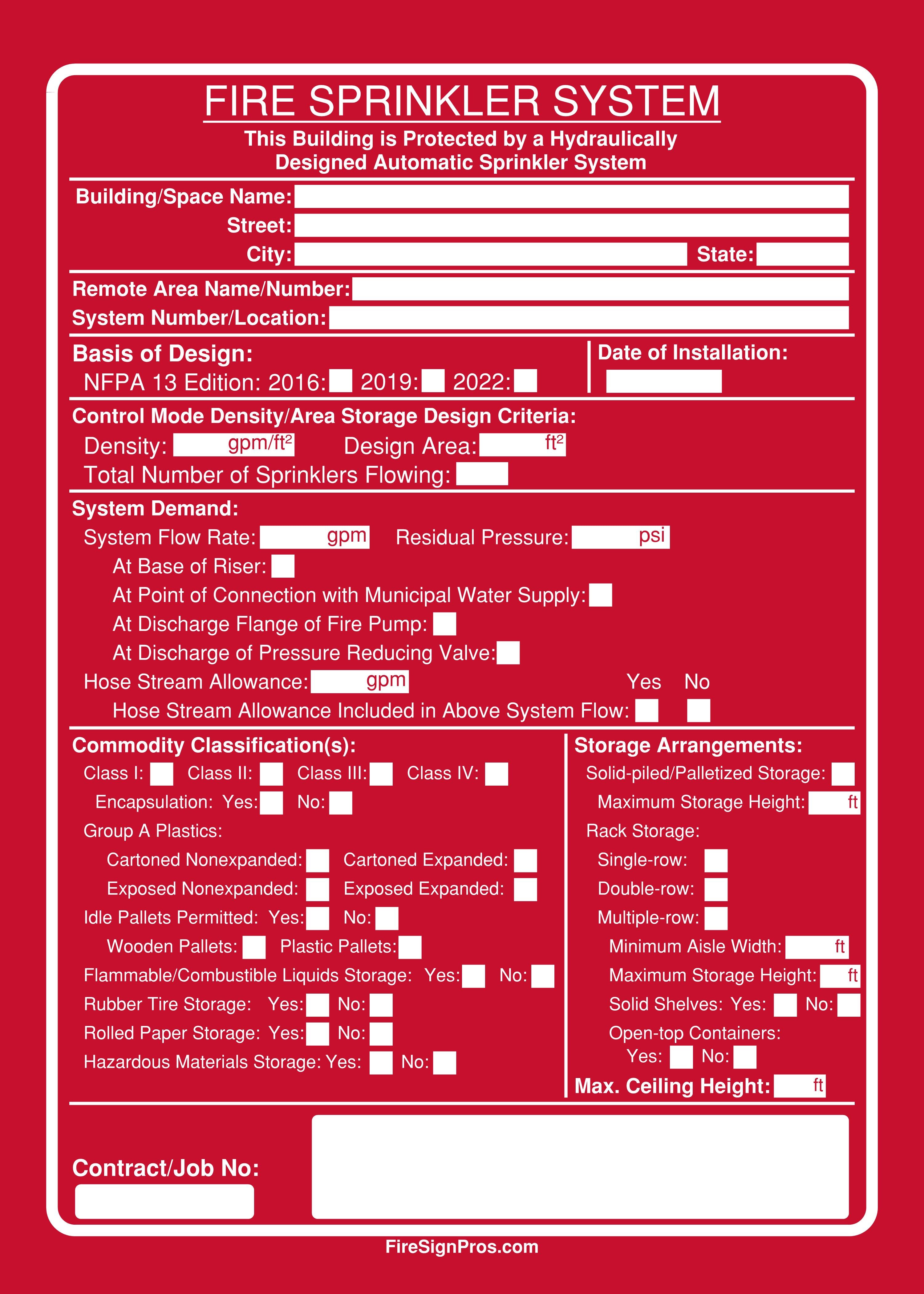 NFPA 13 Density Area Storage Sign Fire Sign Pros
