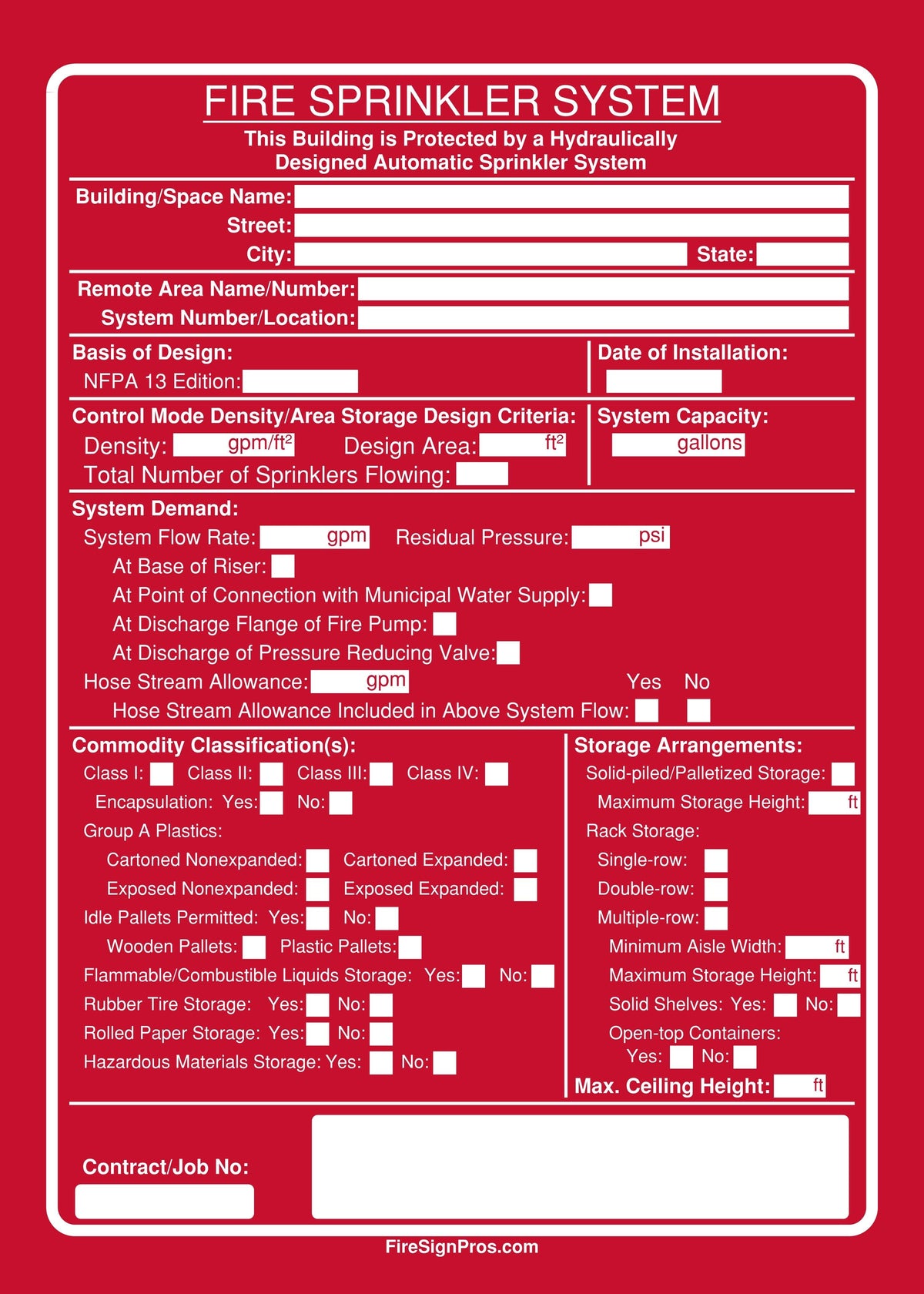 NFPA 13 Density Area Storage Sign Fire Sign Pros