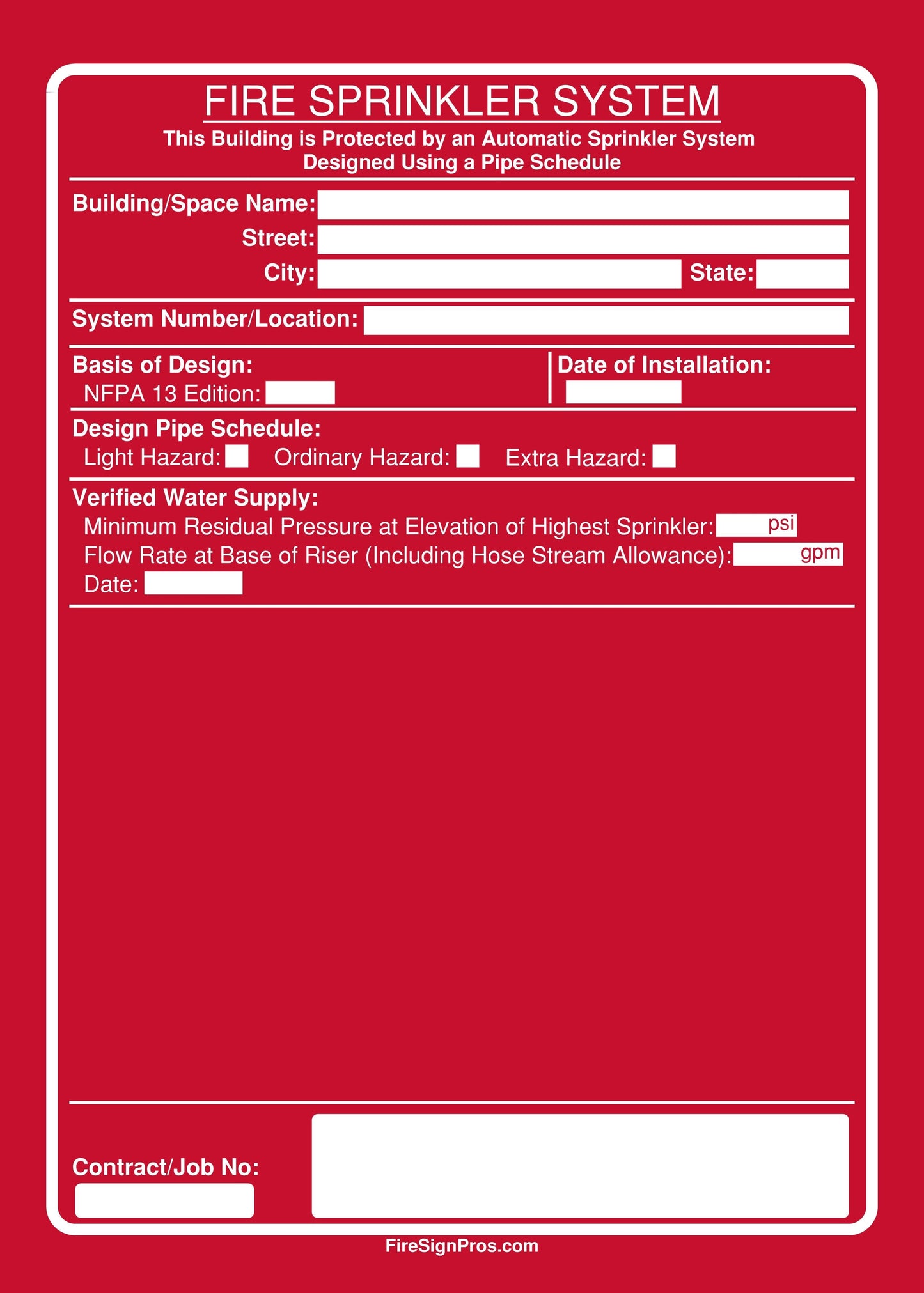 NFPA 13 Pipe Schedule Sign (w/ System Details) Fire Sign Pros
