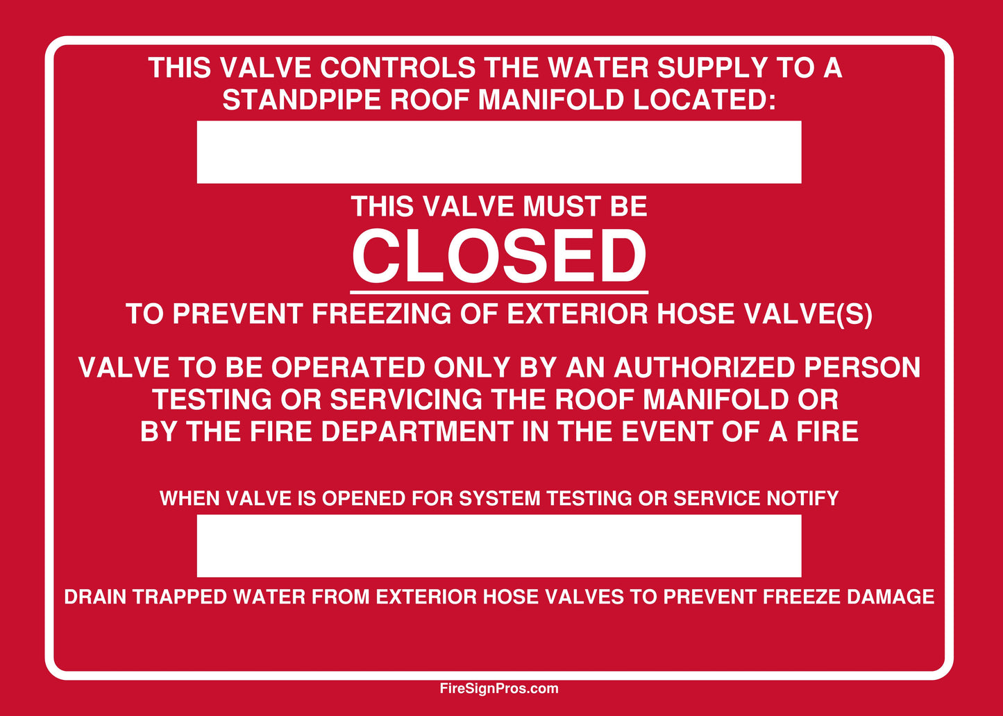 Detailed Roof Manifold Control Valve Sign