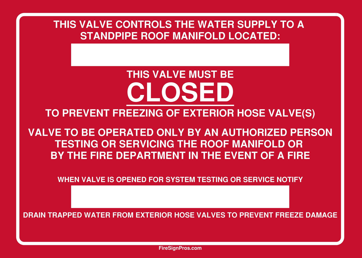 Detailed Roof Manifold Control Valve Sign Fire Sign Pros