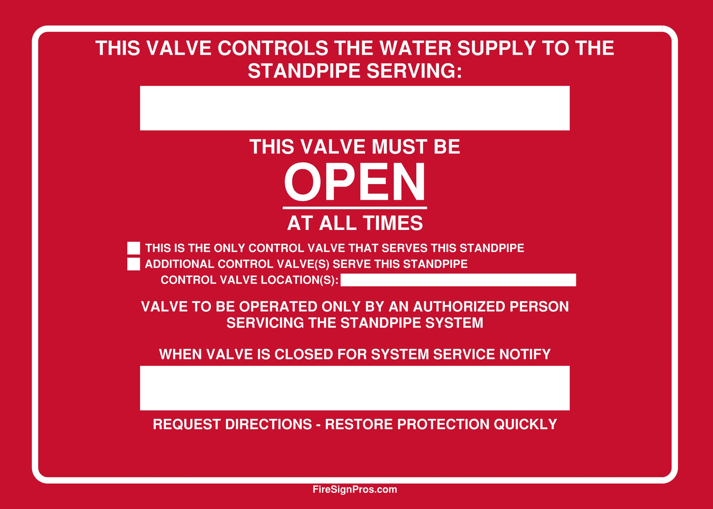 Detailed Standpipe Control Valve Sign