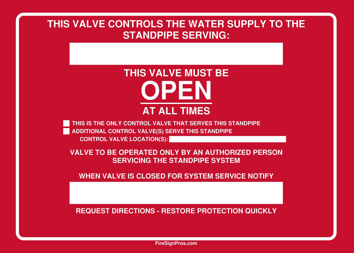 Detailed Standpipe Control Valve Sign Fire Sign Pros