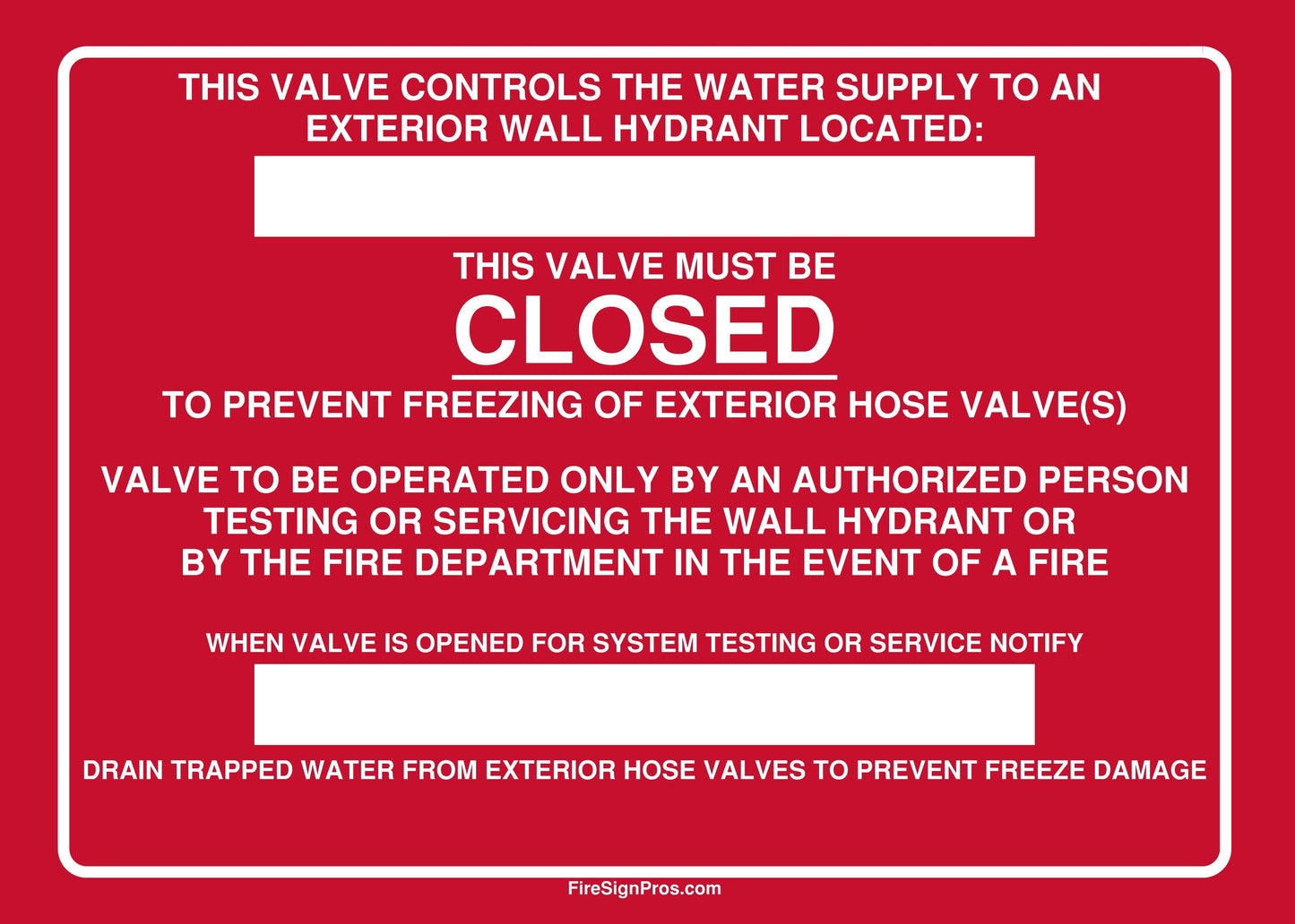 Detailed Wall Hydrant Control Valve Sign Fire Sign Pros