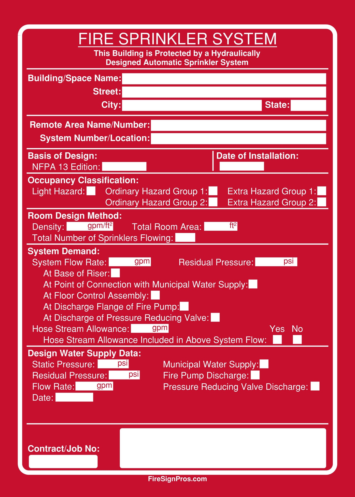 NFPA 13 Room Design Method Sign