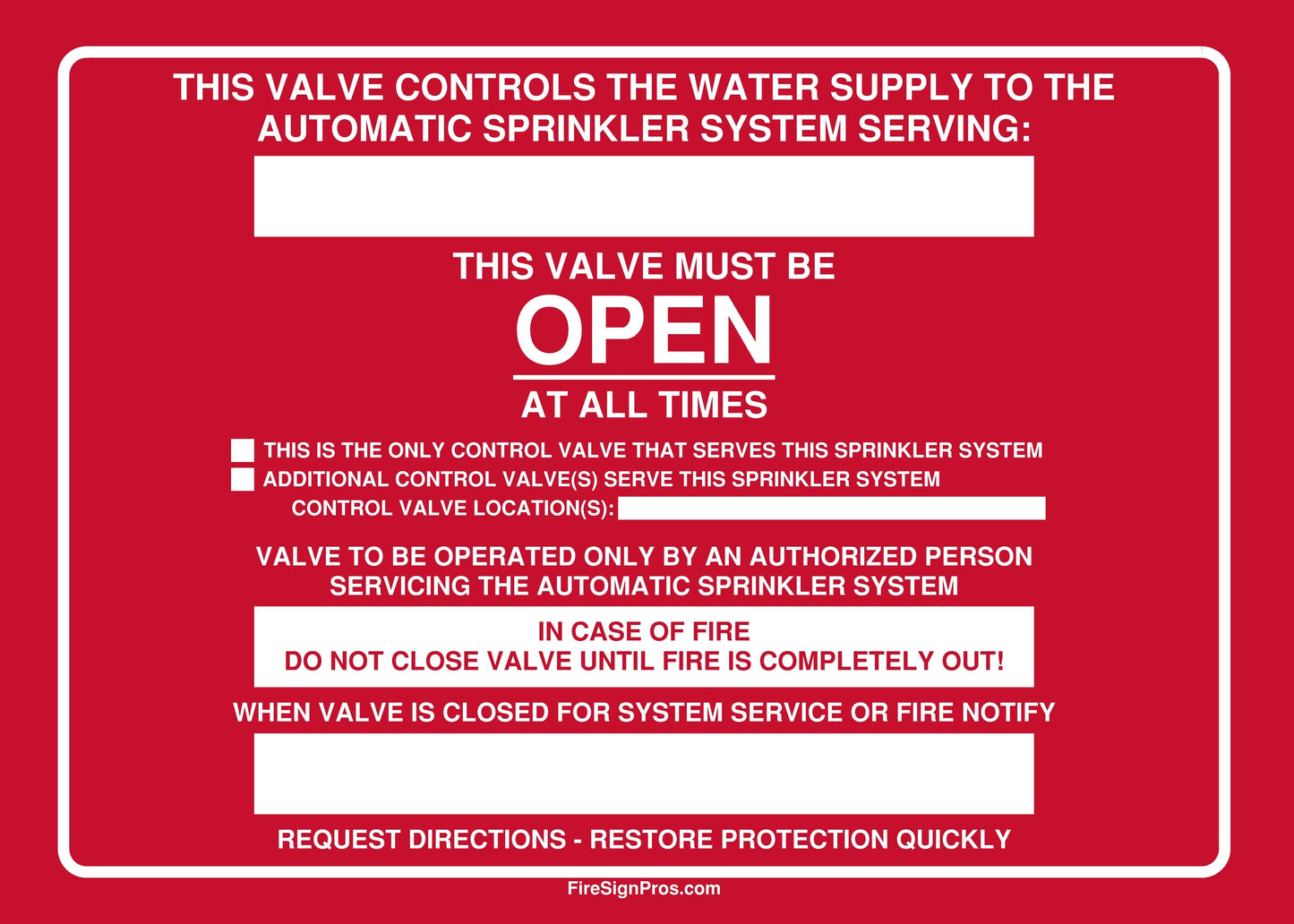 Detailed Sprinkler Control Valve Sign Fire Sign Pros
