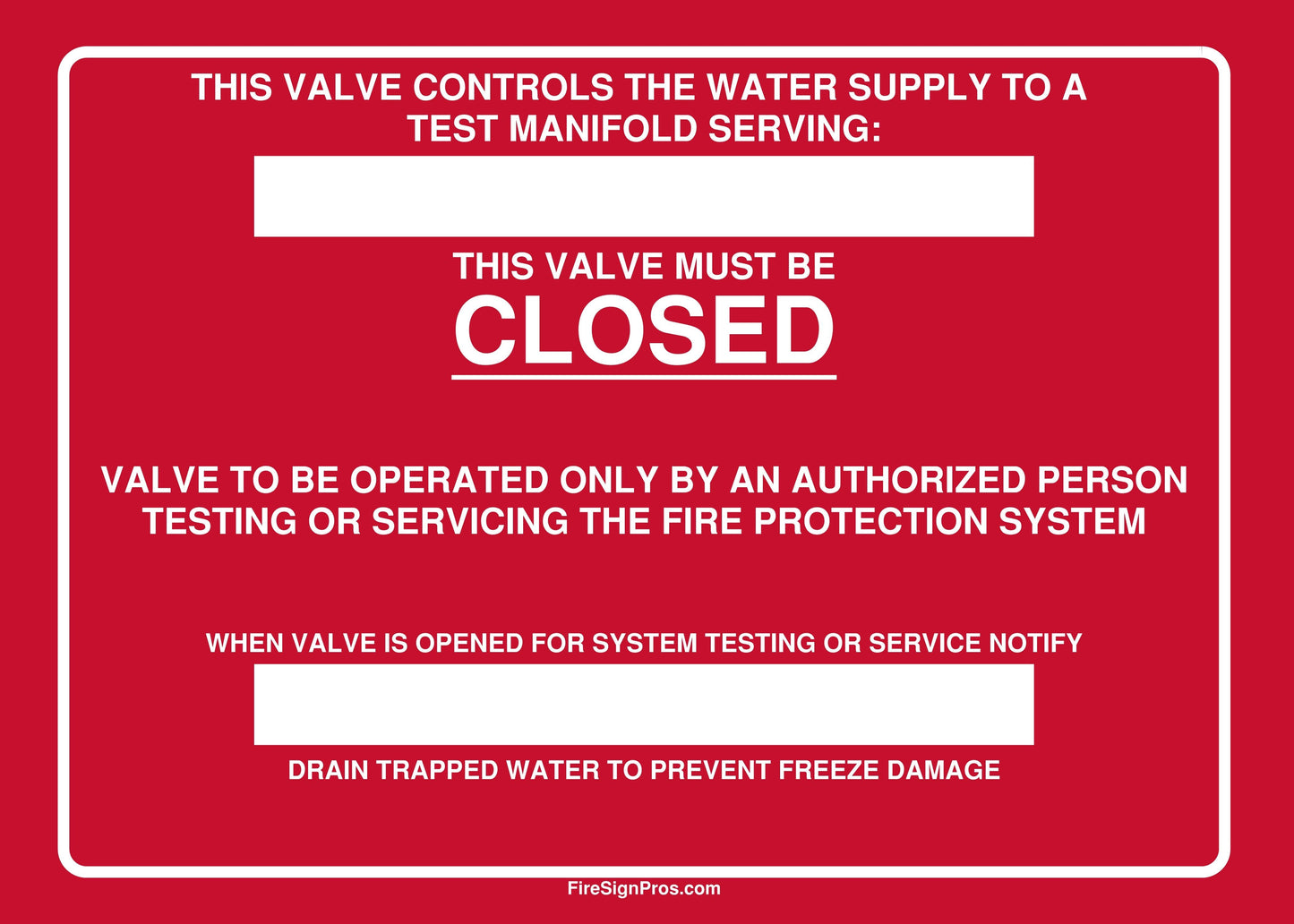 Detailed Test Manifold Control Valve Sign Fire Sign Pros
