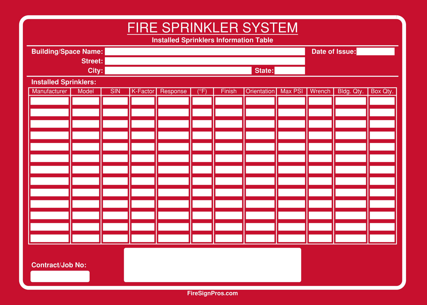 NFPA 13 Installed Sprinkler List Sign