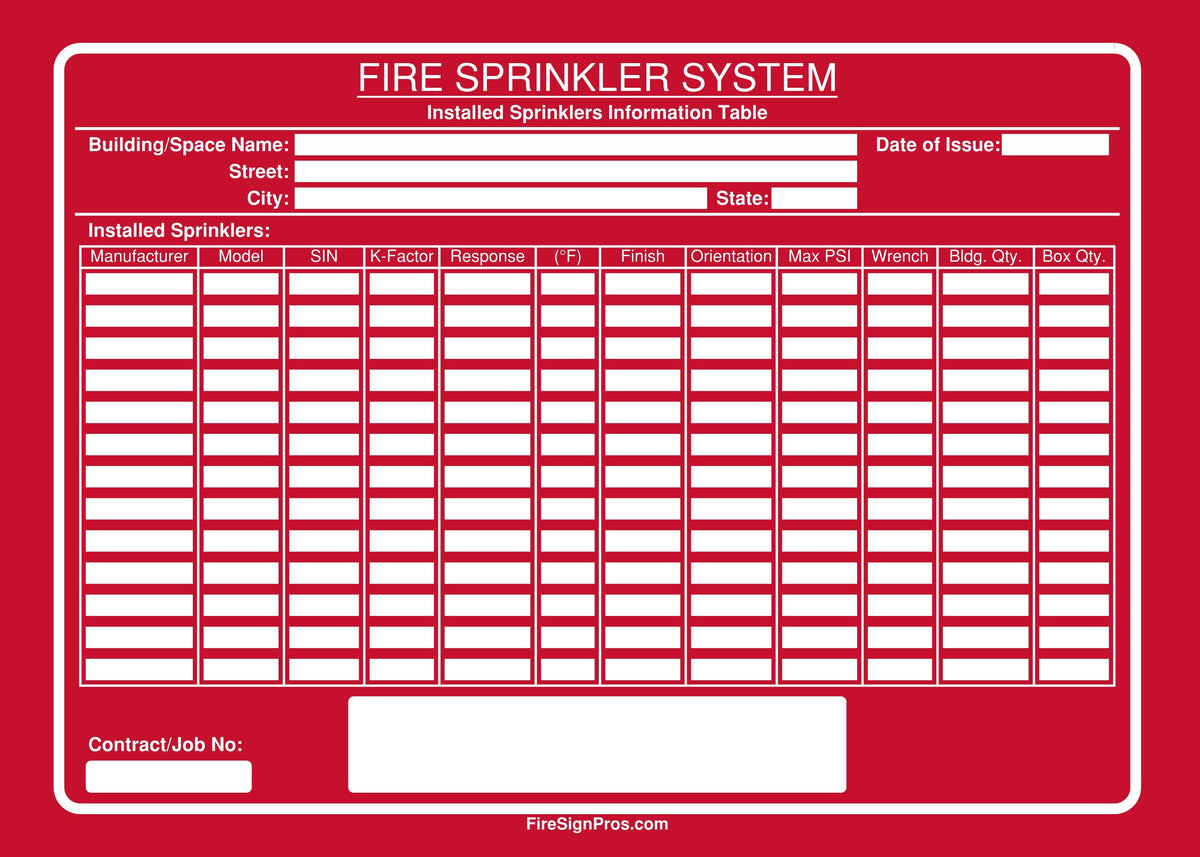 NFPA 13 Installed Sprinkler List Sign (2.0) Fire Sign Pros