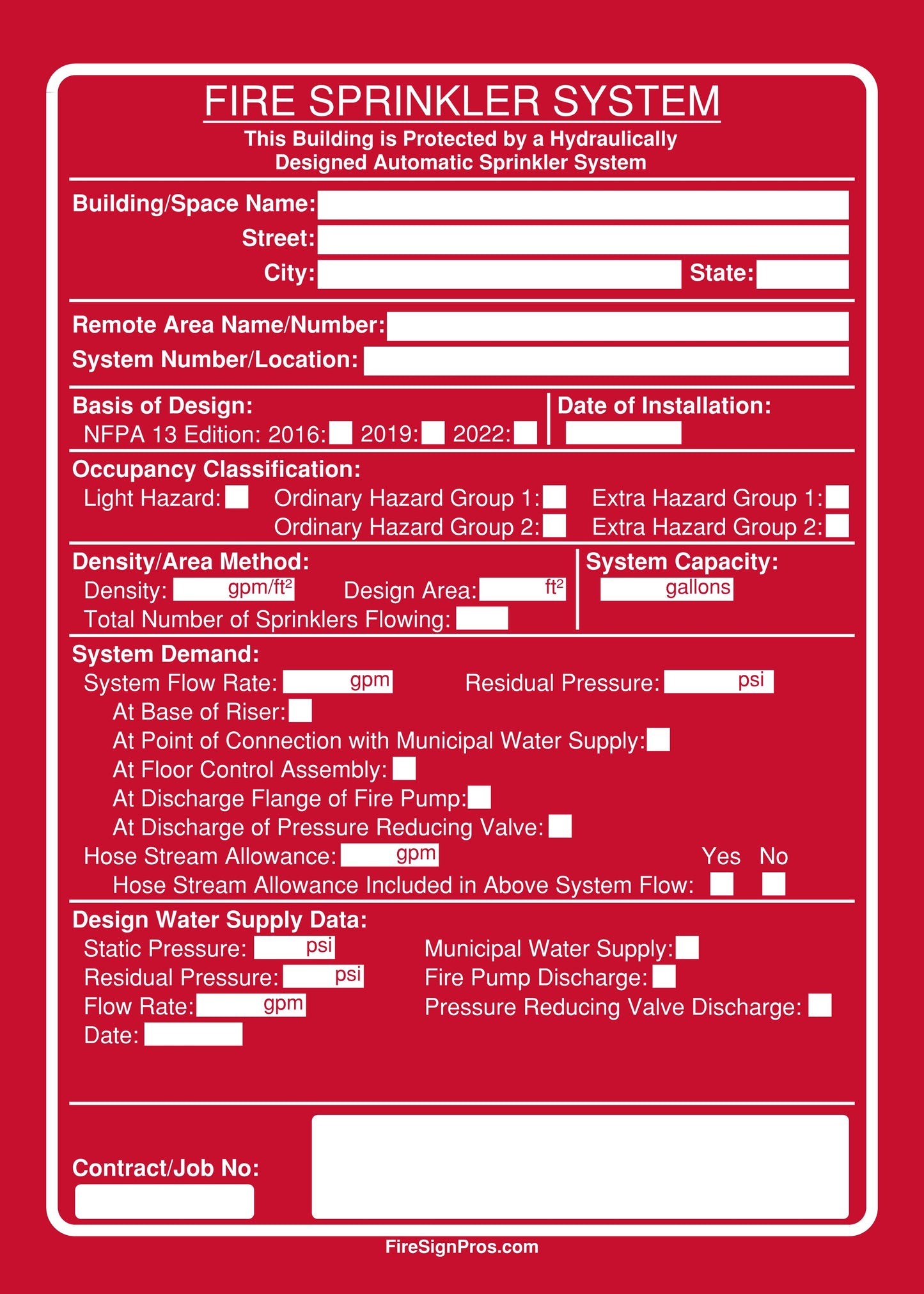 NFPA 13 Density Area Sign