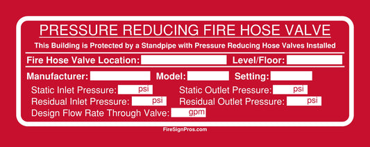 NFPA 14 Pressure Reducing Fire Hose Valve Sign