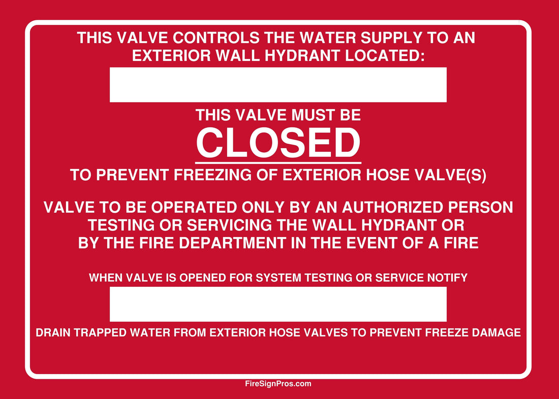 Detailed Wall Hydrant Control Valve Sign – Fire Sign Pros