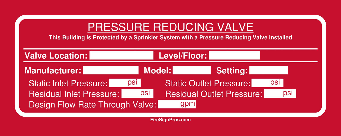 NFPA 13 Pressure Reducing Valve Sign