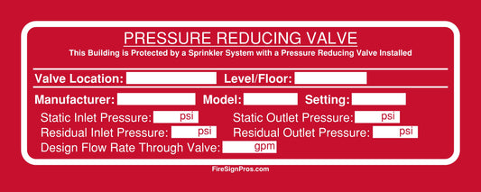 NFPA 13 Pressure Reducing Valve Sign